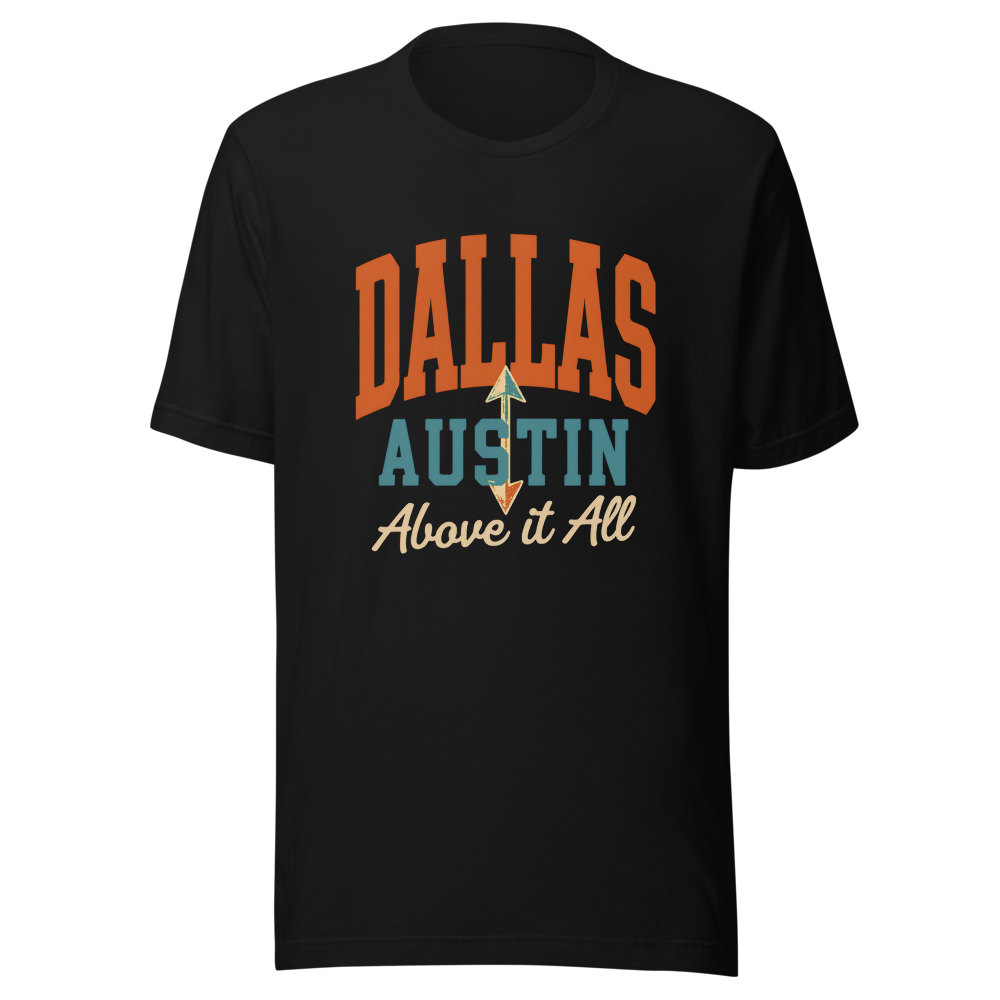 Dallas Over Austin tee — Dallas: five rings. Austin: two stages.