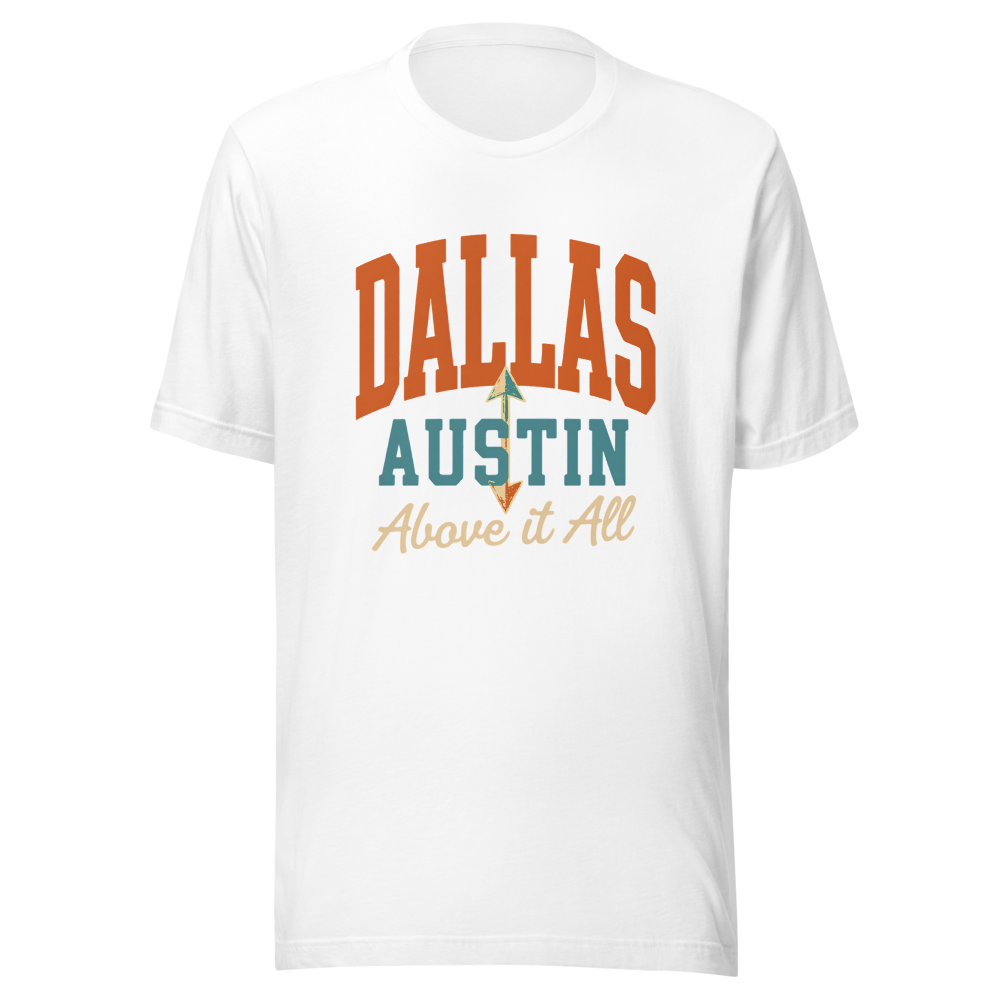 Dallas Over Austin tee — Dallas: five rings. Austin: two stages.