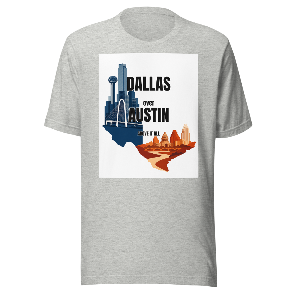 Dallas Over Austin tee — Dallas: five rings. Austin: two stages.