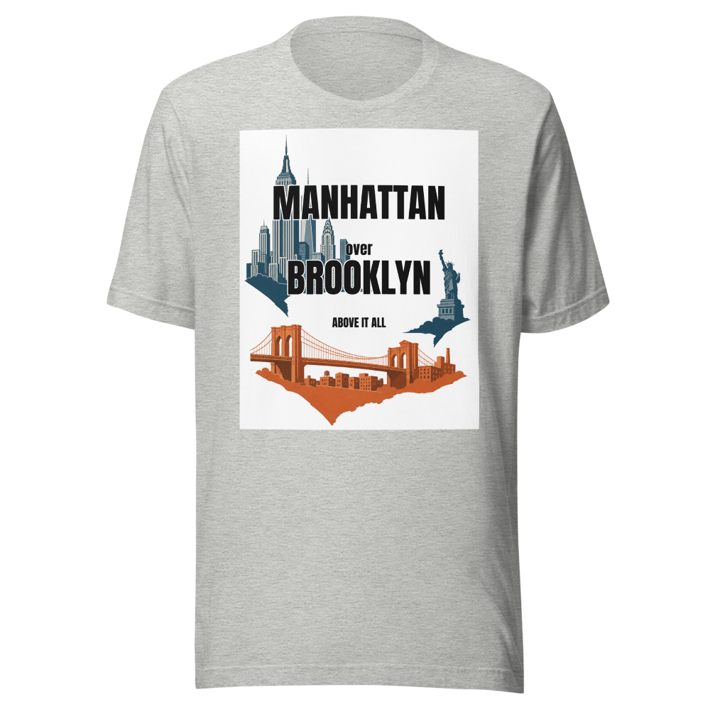 Manhattan Over Brooklyn tee — Brooklyn wrote the Etsy listing. Manhattan bought the building.